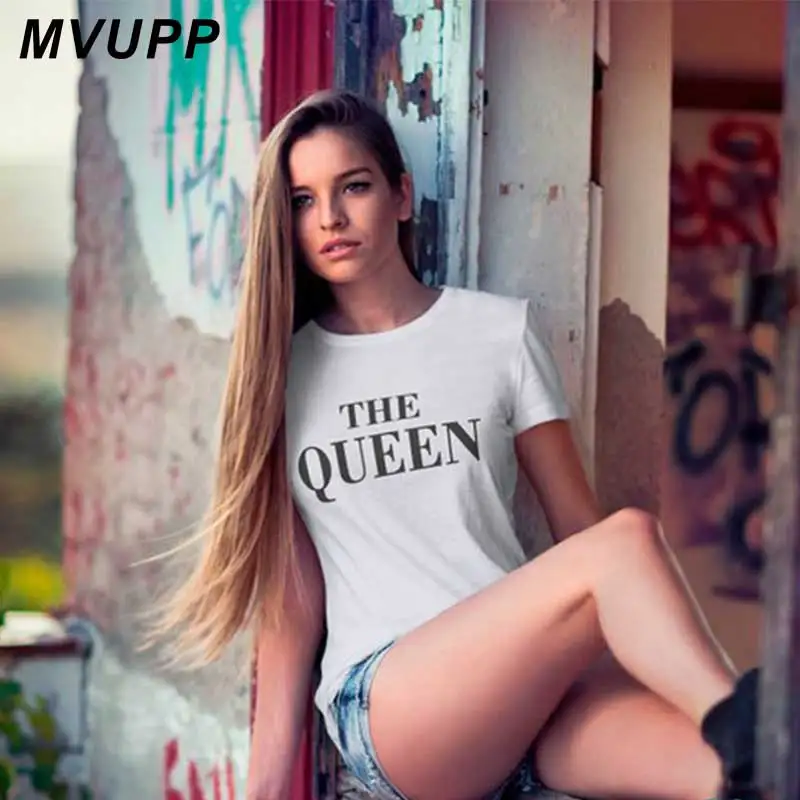 Повседневная футболка с надписью King Queen для пар топы круглым вырезом мужчин и
