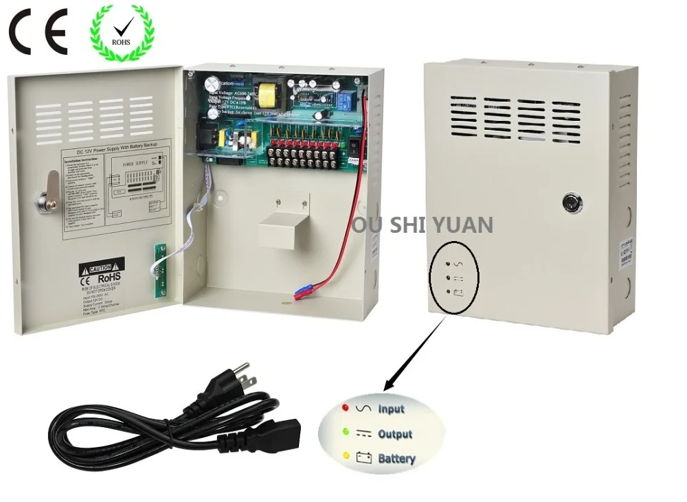 

CCTV 9Channel AC100-240V Input DC12V 5A UPS Box Power Supply Support Battery CE ROHS For CCTV Camera