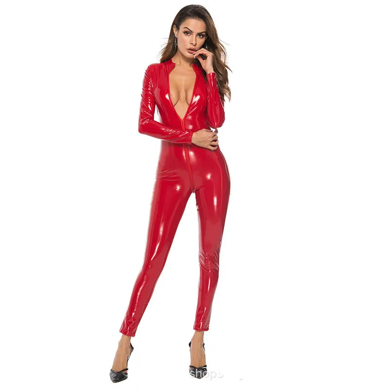 Сексуальный комбинезон из латексной кожи, черный комбинезон с глистером, танцовщица стриптиза в ночном клубе, Красный боди с длинным рукавом, Женский костюм кошки, облегающий блеск