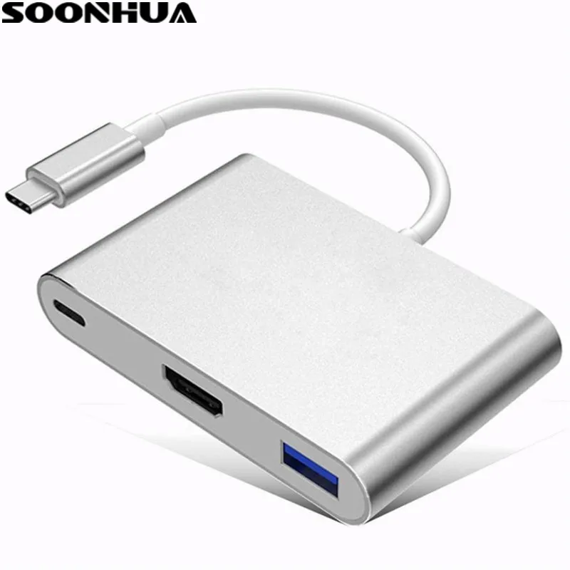 

SOONHUA USB3.1Type C To HDMI USB3.0 Video Switching Wire USB C HDMI Digital AV Multiport Adapter 3 In 1 Hub For Macbook Computer