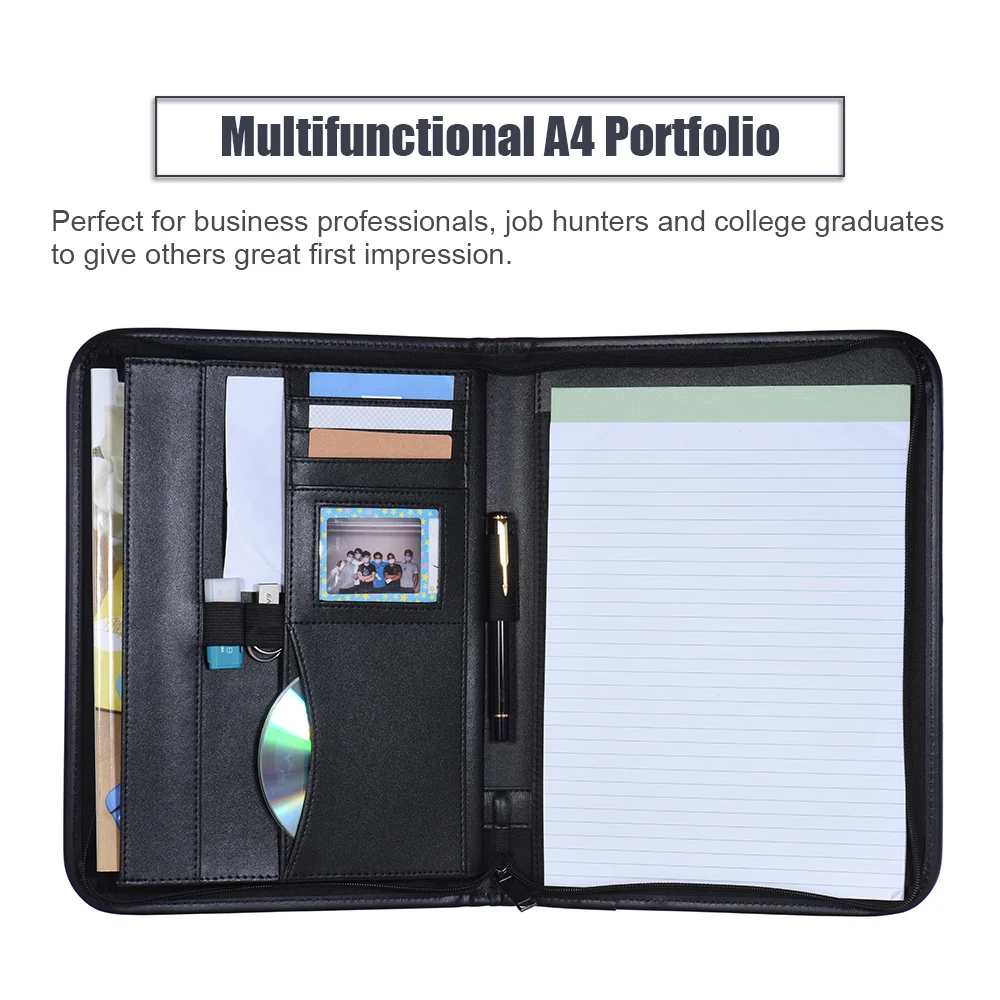 

A4 PU Leather Zippered Closure Multifunctional Padfolio Professional Business Portfolio Folder Document Case Organizer