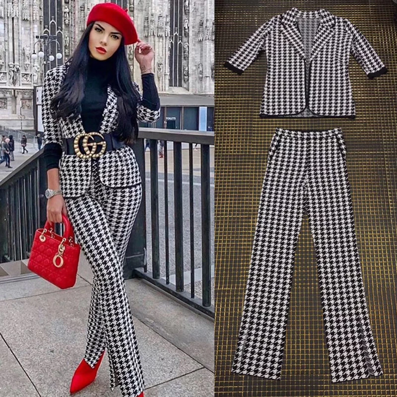 

2018 New Fashion Two 2 Pieces Plaid Women Suit High Quality Jacquard Long Sleeve Bodyocn Celebrity Evening Party Suits Wholesale