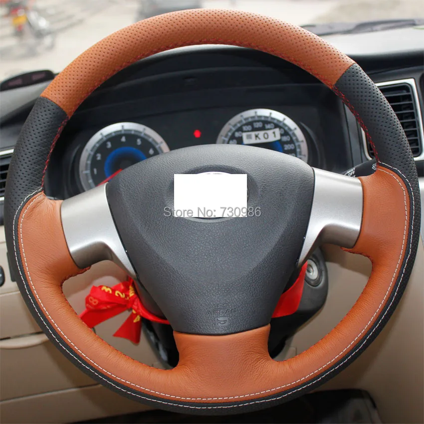 XuJi Black Orange Genuine Leather Steering Wheel Cover for Toyota