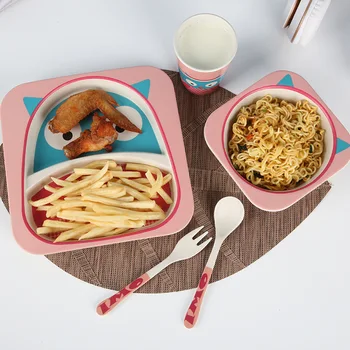 

5Pcs/Set Cartoon Animal Tableware Set Creative Eco-friendly Bamboo Fiber Baby Dish Bowl Fork Cup Children Dinnerware Feeding Set