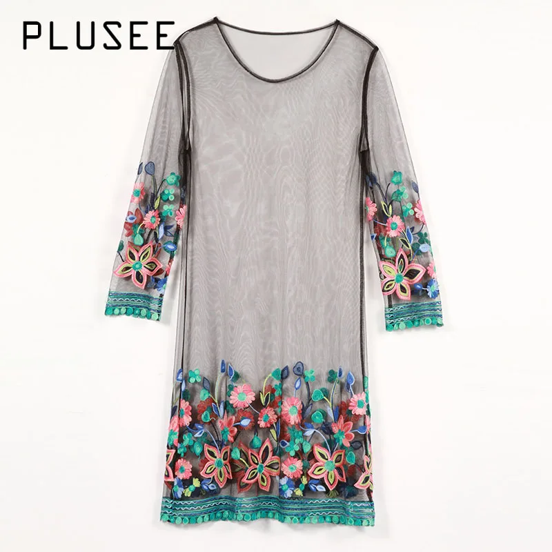

Plusee Dress Plus Size Women Summer Tulle Straight Round Neck Above Knee Mesh See-Through Embroidery Tie-Dye Pullover Dress