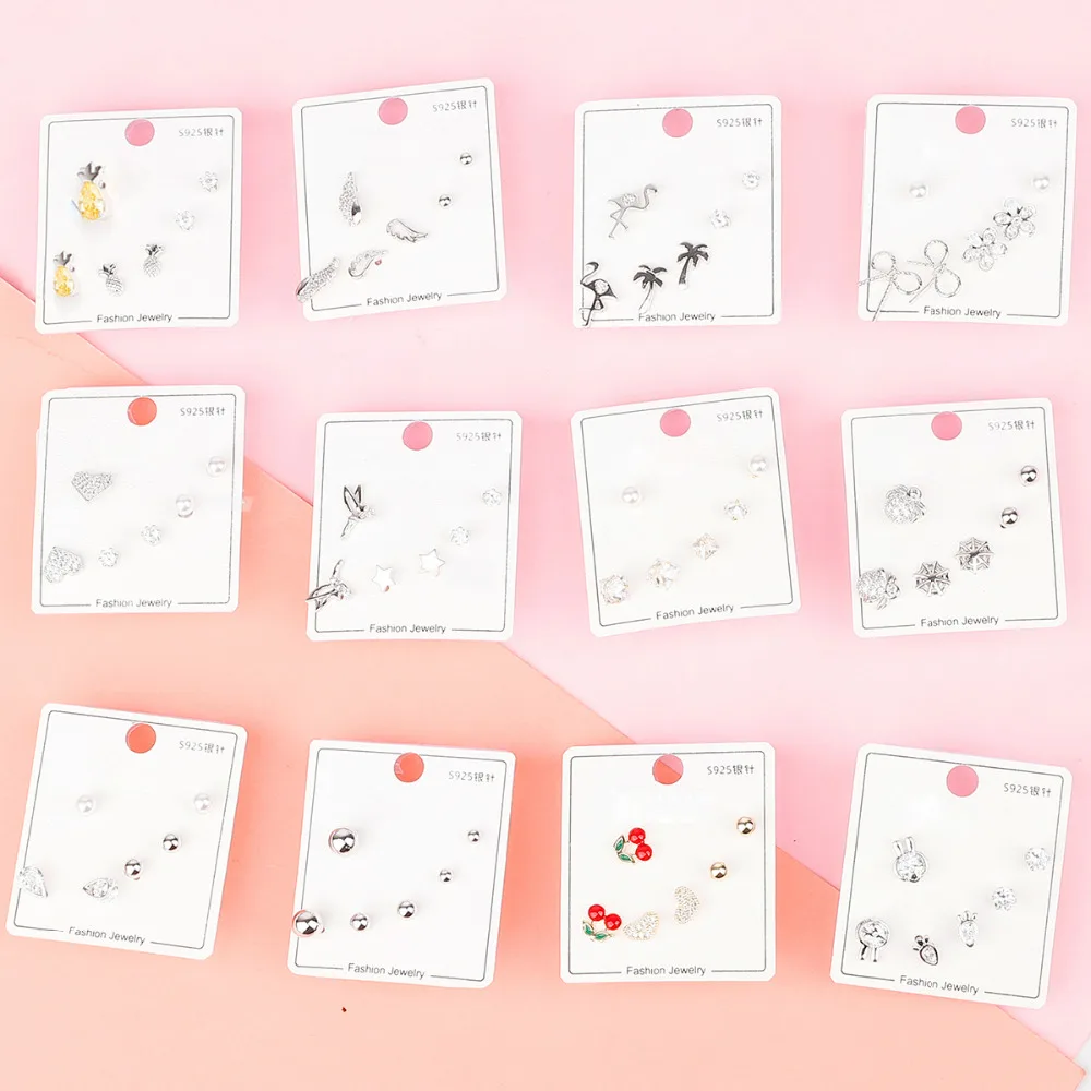 

925 Silver Zircon Stud Earrings For Women Girls Minimalist Square Water Drops Feathers Pearls Small Coco Palms Pineapples Plum