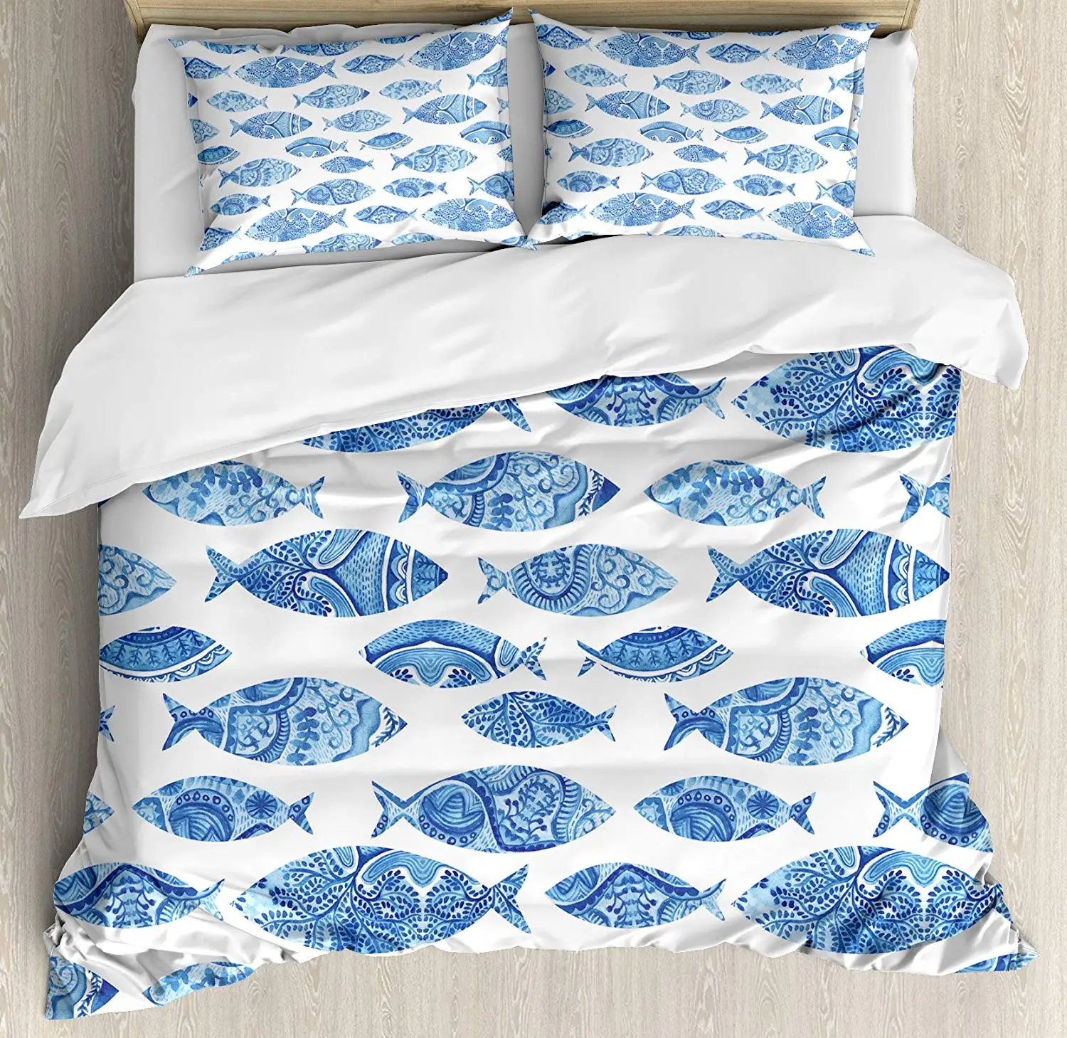 

Ocean Animal Decor Duvet Cover Set Fish Figures Ancient Ottoman Ornate Mosaic Hand Drawn Marine Artwork Bedding Set Set