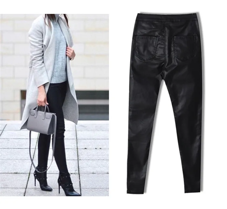 The popular high waist buckles does not have the pocket autumn winter jogger style imitation leather small feet pants big code (10)