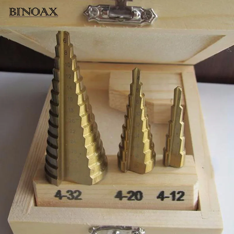 Binoax 3 шт./компл. HSS4241 конический Титан покрытием Шаг сверло Набор инструментов 4-32 мм 4-20 мм 4-12 мм отверстия резак с деревянной случае