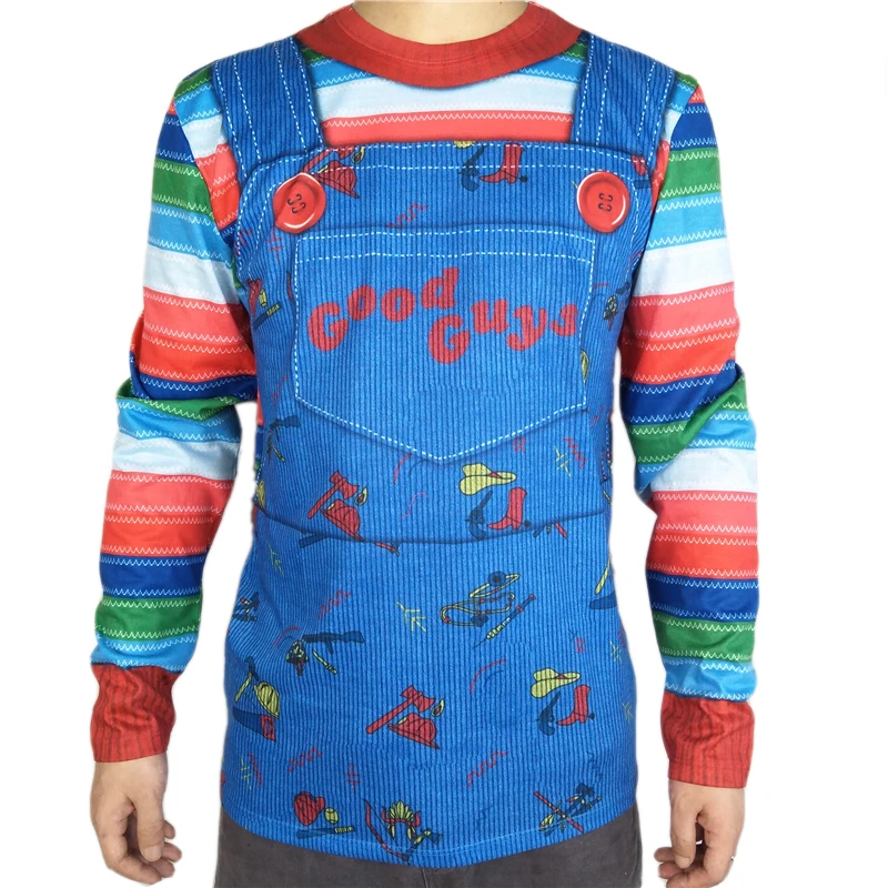 

Scary Chucky Halloween Costume for Adult Men Horror Men's Chucky Overalls Print Long Sleeve Rainbow Striped T Shirt Plus Size