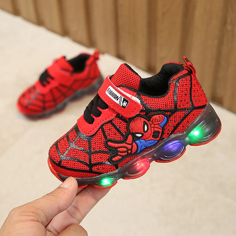 children kids tenis led spiderman shoes for boys girls rubber mesh luminous sneakers baby tenis led kids shoes sneakers - Цвет: Красный