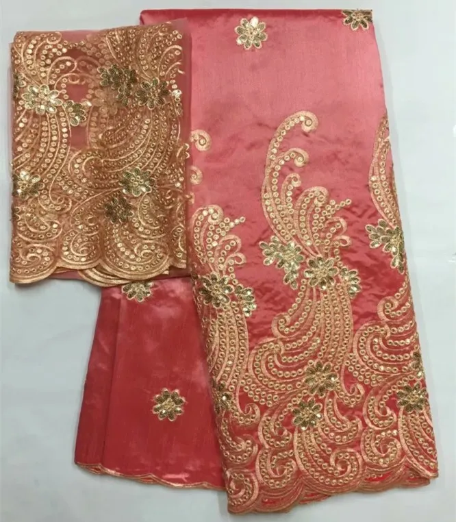 

2018 African George Lace Fabric With Blouse Indian Peach French Net Lace Fabric For Nigeria Wedding Dress Silk Lace b-6-1