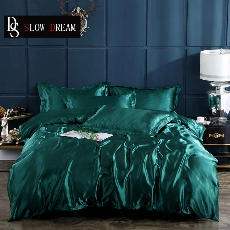 

SLOWDREAM Green Bedding Set 100% Satin Silk Luxury Bedspread Duvet Cover Set Double Queen Flat Sheet Linens Euro Home Textiles