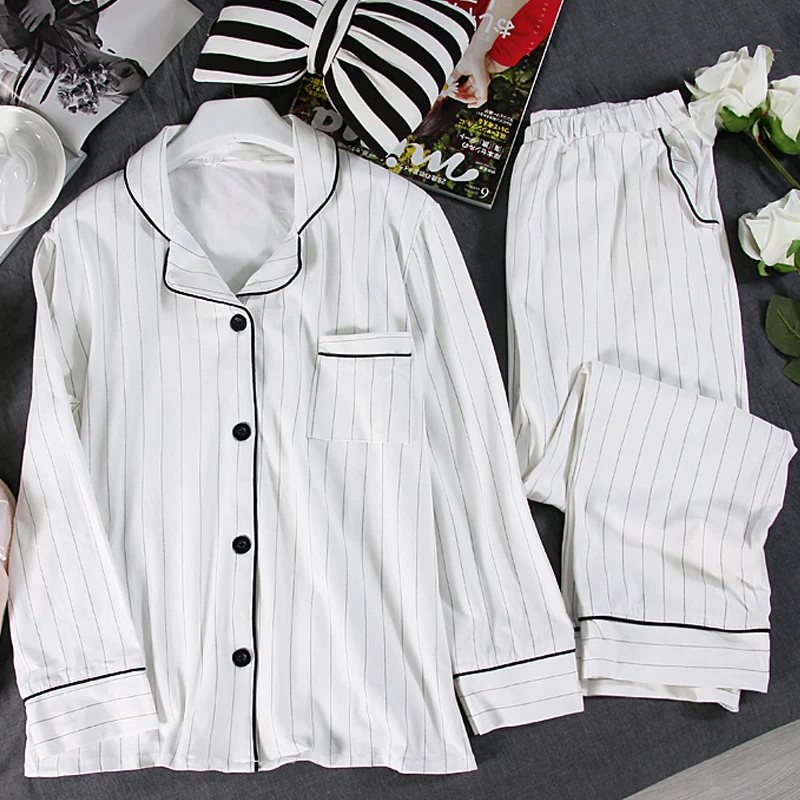 

Autumn White Striped Pajamas Sets Women Casual Cotton Long Sleeve Sleepwear Suit 2 piece Set Sexy Homewear Shirts+Pants SF1621