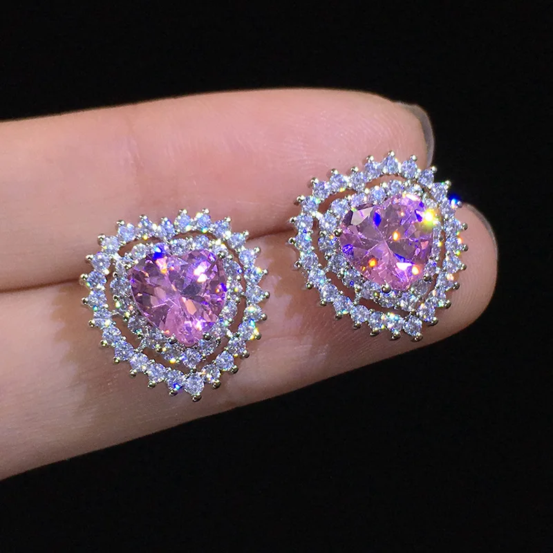 

Crystal Female Pink Zircon Stone Earrings Fashion 925 Silver Wedding Jewelry Cute Female Big Heart Stud Earrings For Women