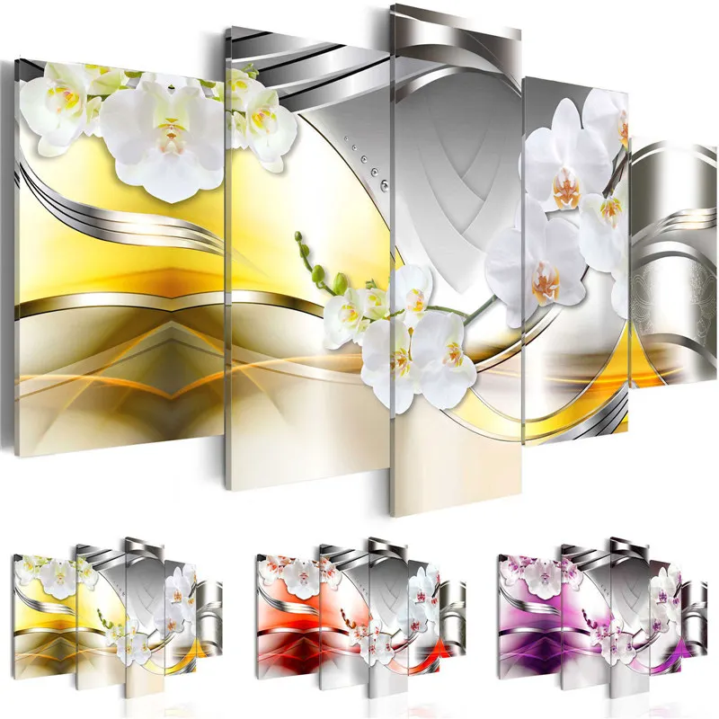 Modern Painting Canvas 5 Panels Home Decor Orchid Abstract Background