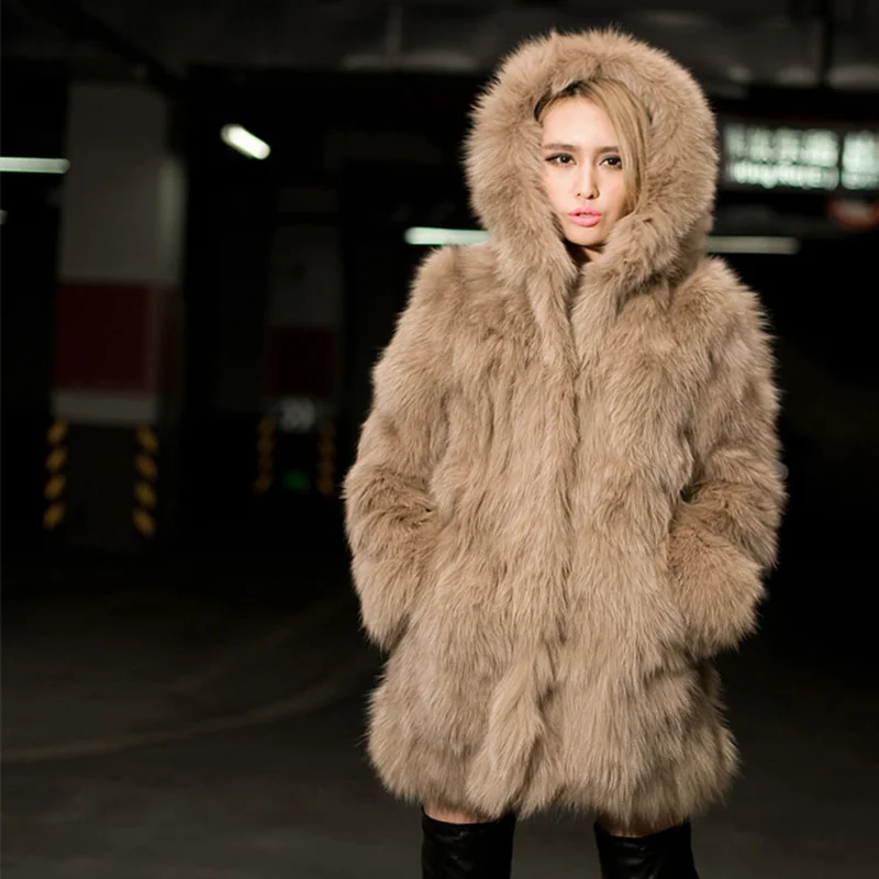Осенне-зимнее женское пальто из искусственного лисьего меха с капюшоном из искусственного лисьего меха размера плюс элегантное женское пальто с длинным рукавом