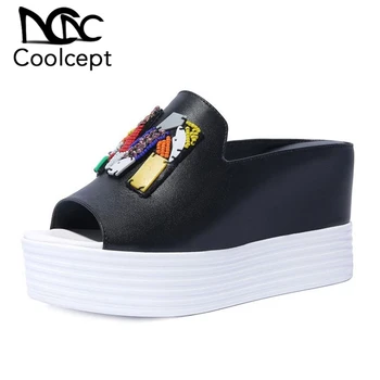 

CoolCept Real Leather Women Sandals Open Toe String Bead Slippers Thick Bottom Wedges Shoes Leisure Daily Sandals Size 33-40