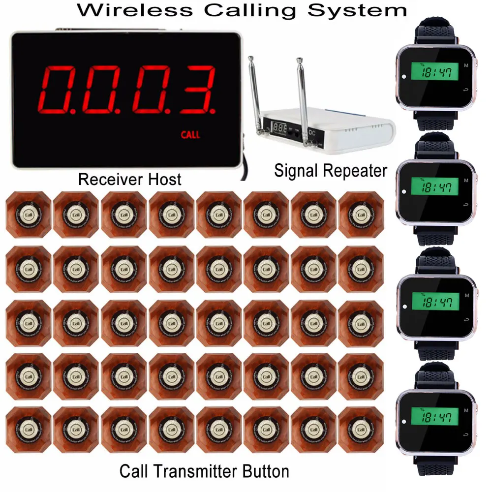 

Wireless Waiter Calling System Receiver Host + 4pcs Watch Receiver + Signal Repeater + 40pcs Call Transmitter Button Pager F3293