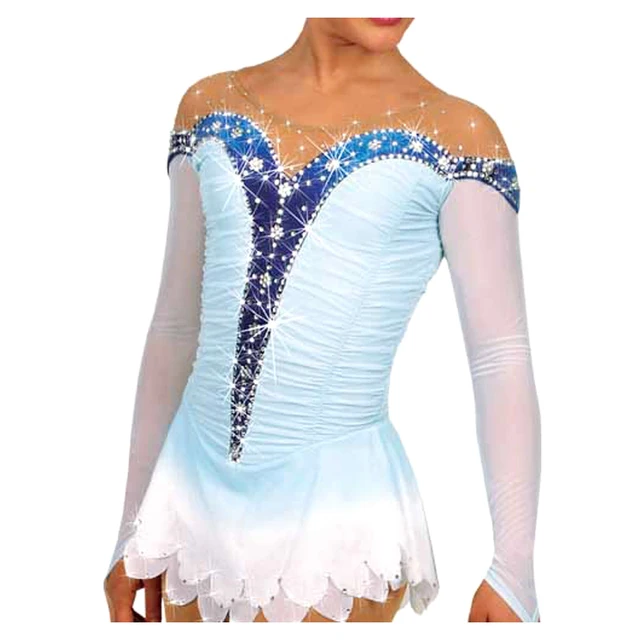 Cheap Customized Costume Ice Figure Skating Dress Gymnastics Competition White Adult Child Girl Performance Rhinestone Blue Border