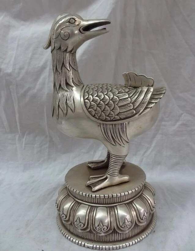 

song voge gem S3185 10" Chinese Silver Collect Wealth Duck Statue China Bronze Box Incense Burner