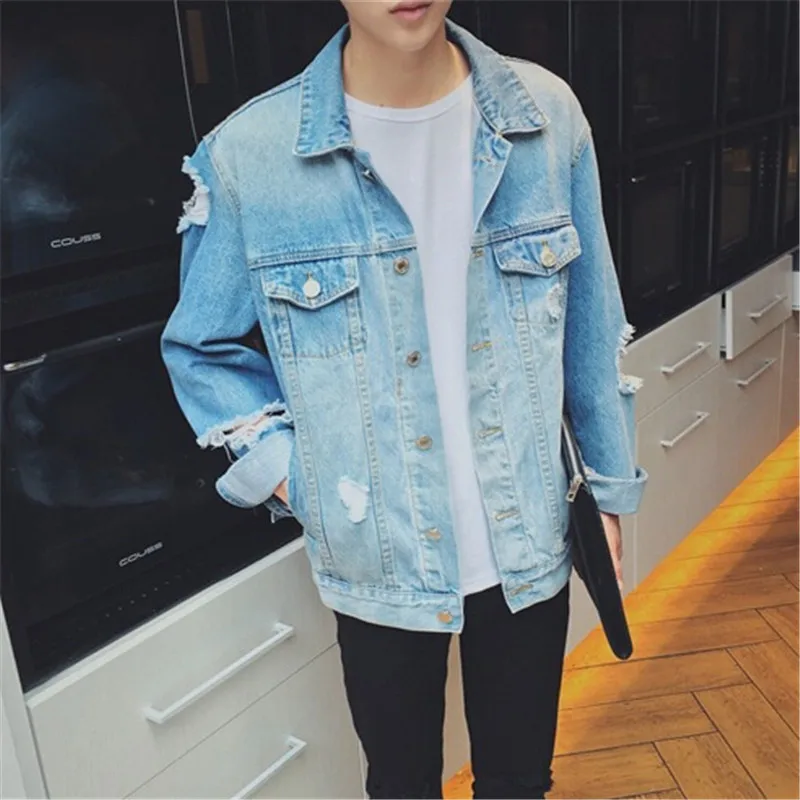 2017 Men Distressed Ripped Denim Jacket Male Jean Jackets Destroy