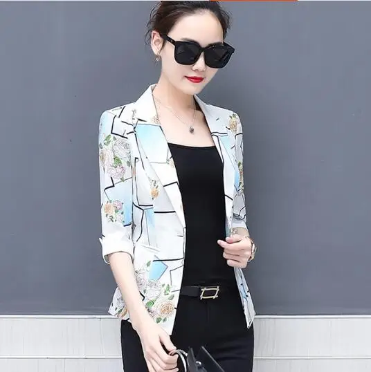 

Summer Small Suit Slim Jacket 3 Quarter Sleeve Printed Suit OL Blazer Jacket Single Button Plus Size 3XL