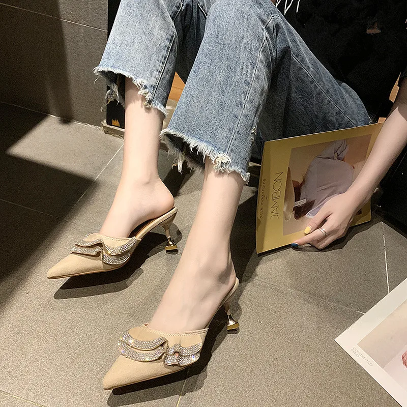 

Rubber Slippers Modis With Rhinestones Outside Heels Closed Toe Slides Sandal Leather Summer Ladies New 2019 Mules Female Brief