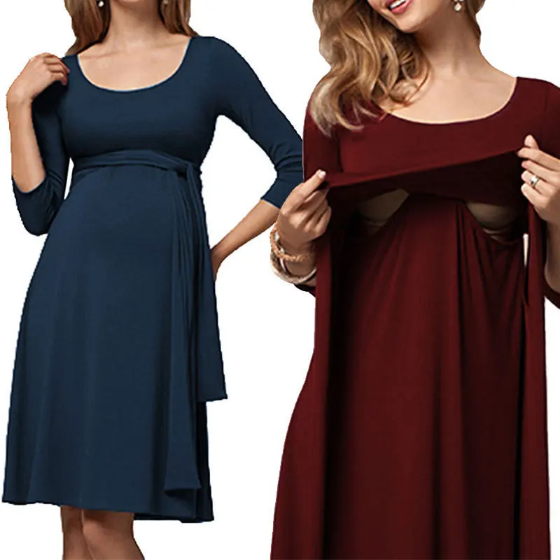 

2018 Maternity Dress Autumn Plus Size Nursing Women 4 Color Pregnancy Clothes Elegant Lady Clothing S/M/L/XL Evening vestido