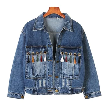 

Women Denim Jacket Tassel Pockets 2017 Autumn Cowboy Short Coat Loose Hole Long-Sleeved Female Jeans Jacket