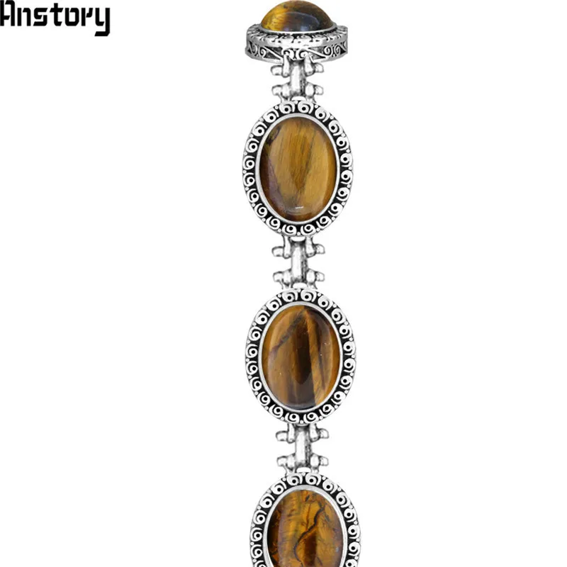Oval Natural Tiger Eye Stone Bracelet For Women Snail Flower Antique Silver Plated Fashion Jewelry TB330
