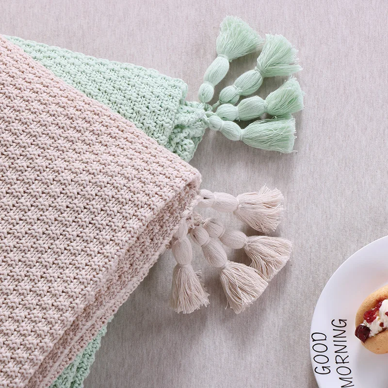 Хлопковое вязаное декоративное одеяло Concis, современное одеяло для дивана с кистями, цвет кристалл, синий, мятный, зеленый