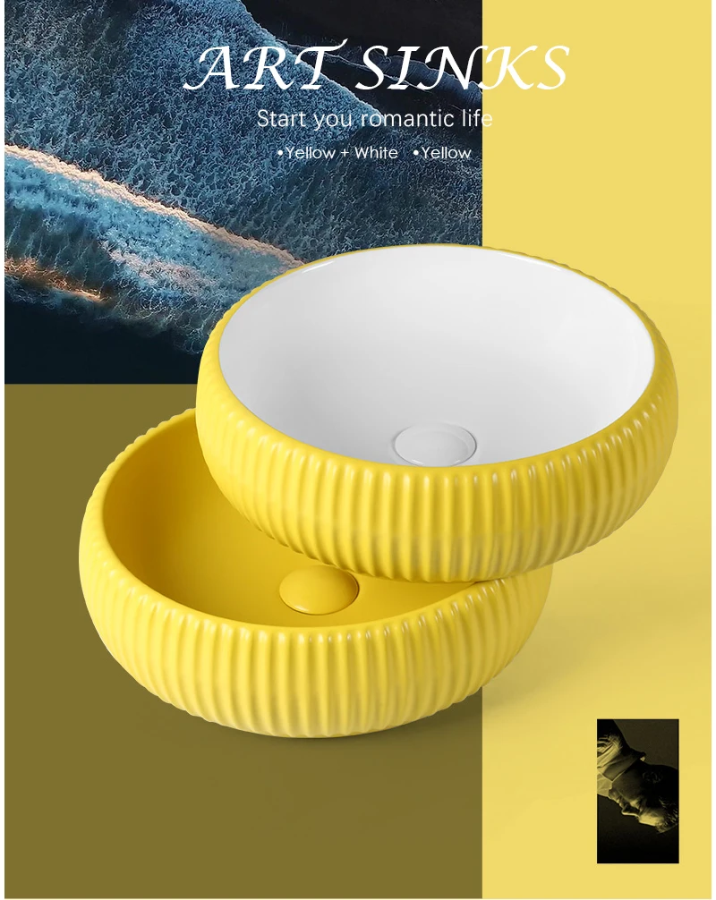 Искусство раковины для ванной комнаты керамический сосуд Современная моющая миска-умывальник желтый белый над столешницей ручной работы раковина AM894