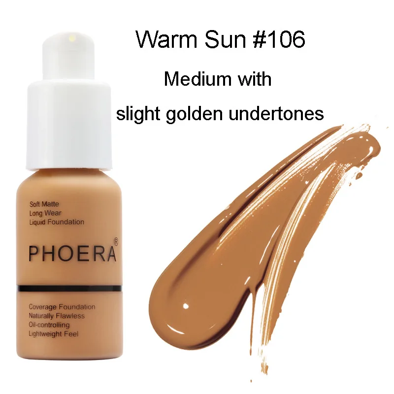 PHOERA полное покрытие жидкая матовая основа для макияжа лица Покрытие естественным маслом контроль Lightfeel крем длительного действия - Цвет: 106 Warm Sun