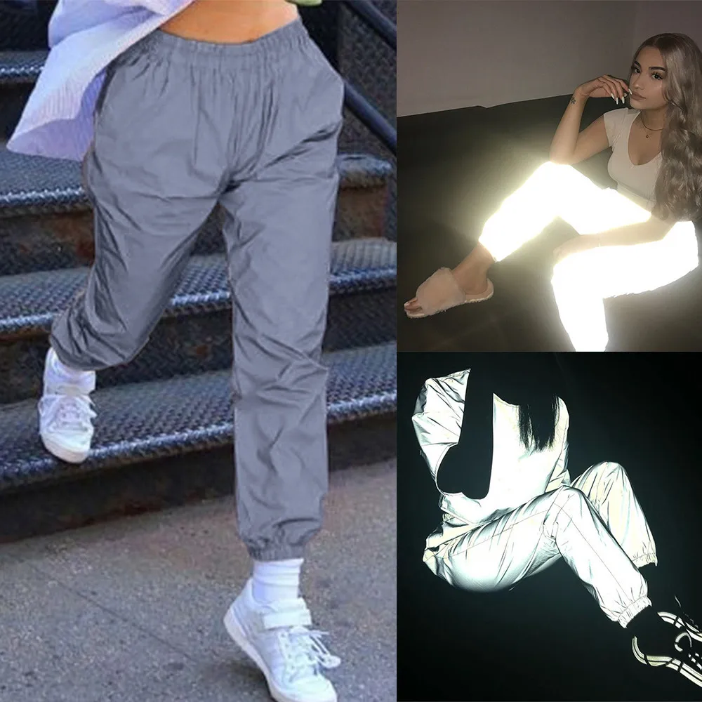 

Drop Ship Women High Waist Solid Luminous Sports Tights Pants Loose Casual Long Trousers high waist design Elasticized waistband