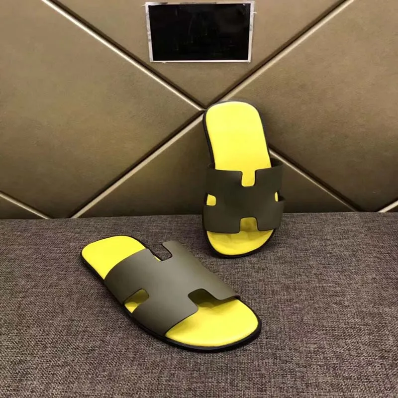 

Brand Men's Sandals and Slippers Luxury Joker Designer 19ss Summer Crocodile Pattern Leather Non-slip 20 colors H Men's Slippers
