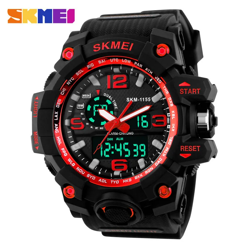 SKMEI Роскошные брендовые модные спортивные супер мужские часы с двойным дисплеем мужские спортивные часы светодиодный военные водонепроницаемые наручные часы - Цвет: red