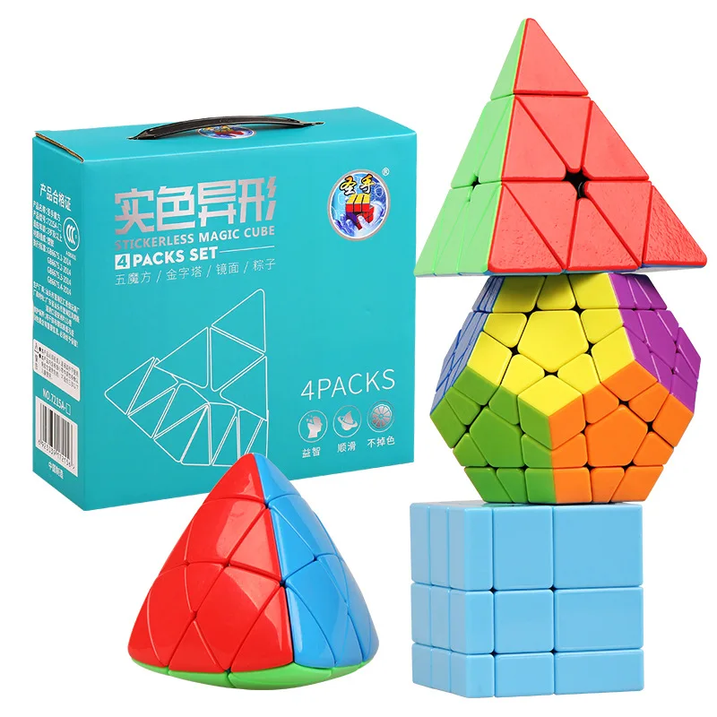 

4 Pack Shengshou 3x3x3 Stickerless Mirror Pyramid Tetrahedron Megaminx Dodecahedron Mastermorphix Rice Dumpling Multi-Color Sets