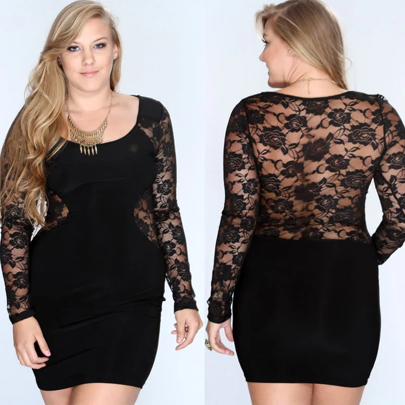 2015 women club dress plus size vestido black lace long sleeve party