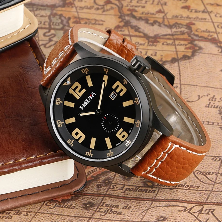 YISUYA Men's Sports Watch Luxury Date Genuine Leather Brown Wrist Watches Male Pilot Military Japan Quartz Watch Relojes  (12)