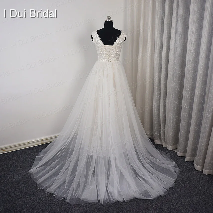 Свадебное платье со съемной юбкой для танцев, свадебное платье трапециевидной формы с кружевной аппликацией и v-образным вырезом, два предмета, свадебное платье