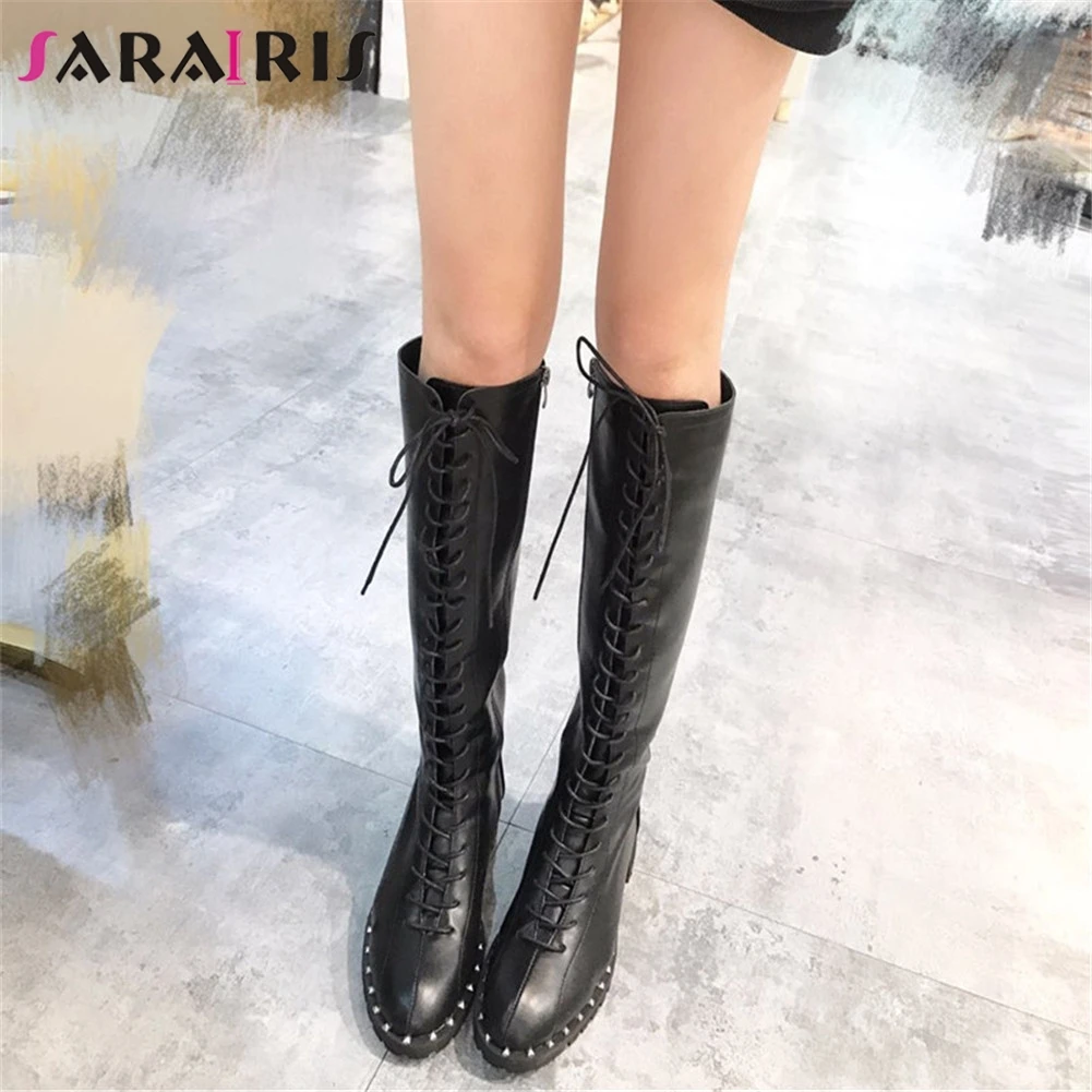 

SARAIRIS New Fashion Cross Tied Zip Rivet Wide Heels Shoes Woman Casual Party Retro Winter Spring Knee High Boots Black