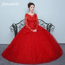 Fansmile красное Тюлевое свадебное платье с длинным рукавом Vestido De Noiva кружевное бальное свадебное платье на заказ размера плюс свадебное платье FSM-418F