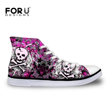 

FORUDESIGNS Fashion Punk Skull Pattern Women High Top Lace-up Vulcanize Shoes Flats Women's Sneakers Shoes Woman Fashion Canvas