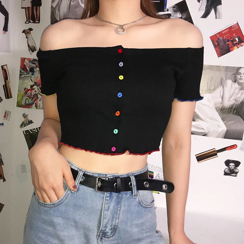 

Sexy Off shoulder Rainbow Button Short Sleeve T Shirt Women Crop Top Casual Slim Streetwear Harajuku tshirts Femme Cute Tees