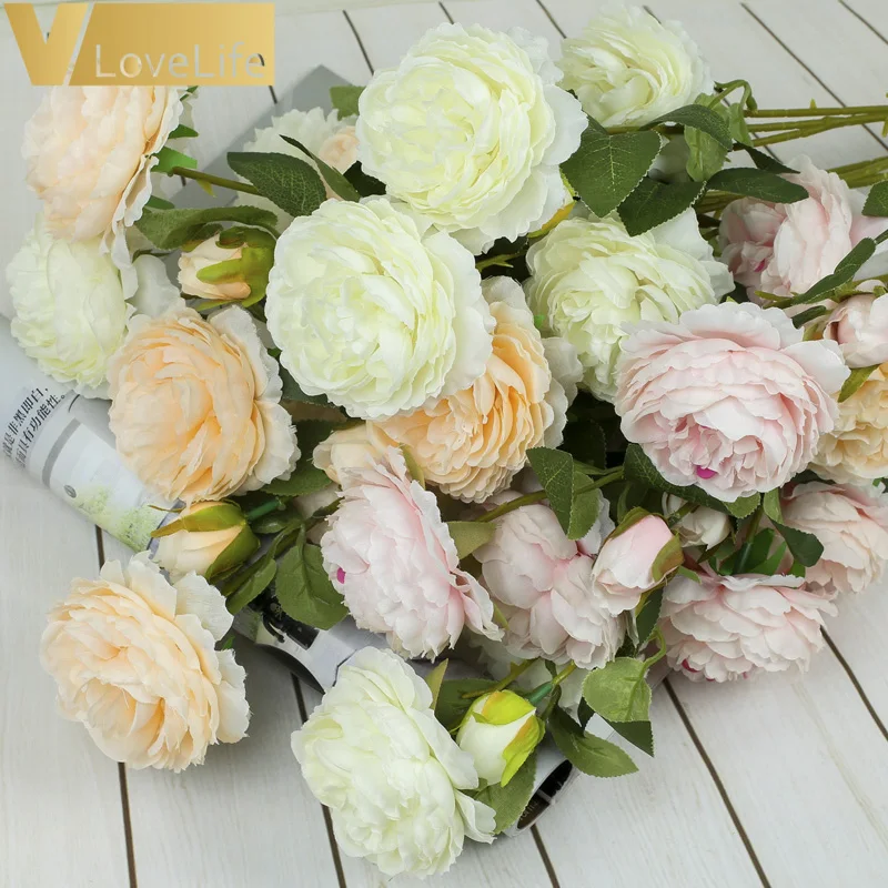 

3 Heads Artificial Flowers Ivory Peonies Silk Flowers Pink Champagne Rose Artificial Bouquet Wedding Decor Home Fake Flowers