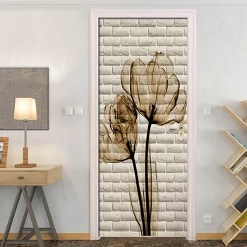 

Brown Floral Beige Bricks Door Stickers Wall Home Decoration PVC Waterproof Bedroom Door Sticker Wallpaper Wall Decals