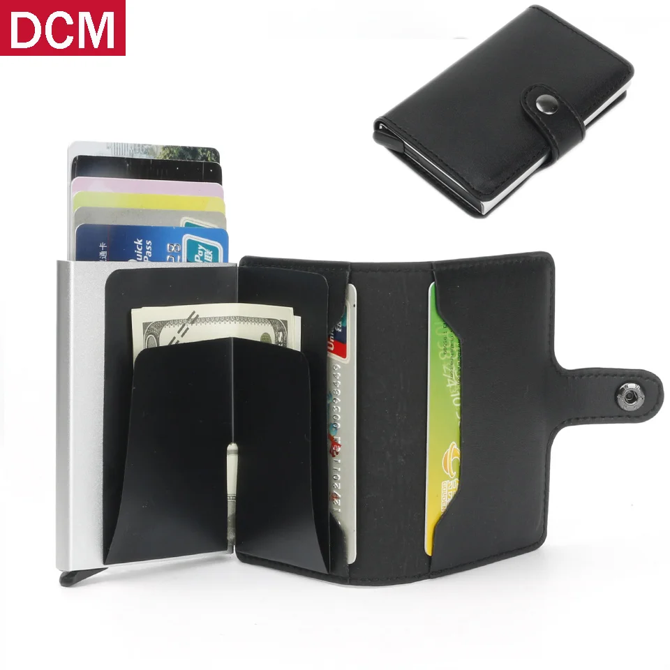 

DCM Men Rfid Blocking Wallet Mini PU Leather Business Aluminium Credit Card Holder Automatic Pop Up ID Card Case Small Purse