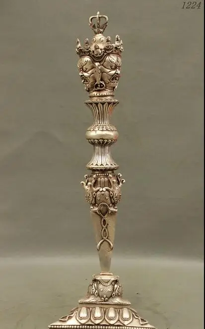 

Tibet White Copper Silver Hayagriva Mahakala Head Statue Phurba Dagger Holder