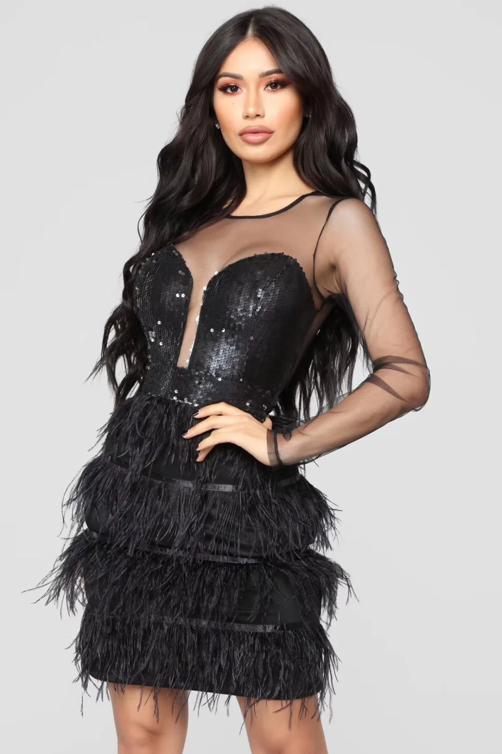 New Arrival Sexy Long Sleeve Mesh Sequins Feather Bandage Dress 2019 Knitted Elastic Bodycon Party | Женская одежда